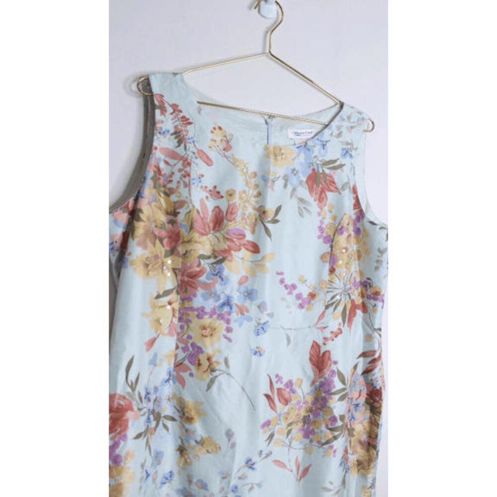 Pale Blue Colorful Floral Silk Beaded Sleeveless Sheath Dress - 18 - Picture 3 of 6